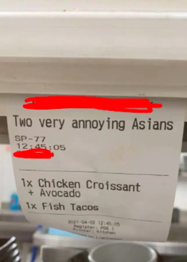 “Two Very Annoying Asians” On Receipt Posted Up By Venue Owner On Social Media For A Laugh